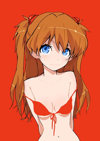 Anime picture 1191x1684 with neon genesis evangelion gainax soryu asuka langley ukke (artist) single long hair tall image looking at viewer fringe breasts blue eyes light erotic simple background hair between eyes twintails bare shoulders upper body orange hair bare belly hands behind back