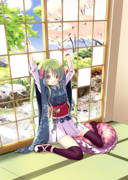Anime picture 3271x4601 with original eshi 100-nin ten aoki ume single long hair tall image blush highres smile red eyes absurdres traditional clothes green hair girl thighhighs bow black thighhighs hair bow pillow sliding doors