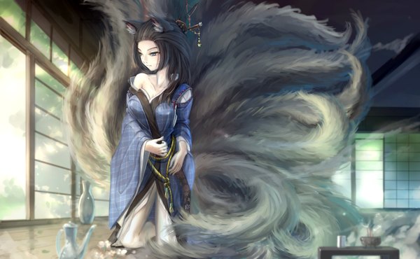 Anime picture 2000x1236 with original kikivi single long hair highres blue eyes black hair wide image animal ears looking away tail traditional clothes japanese clothes animal tail fox ears kneeling fox tail multiple tails animal eyes girl