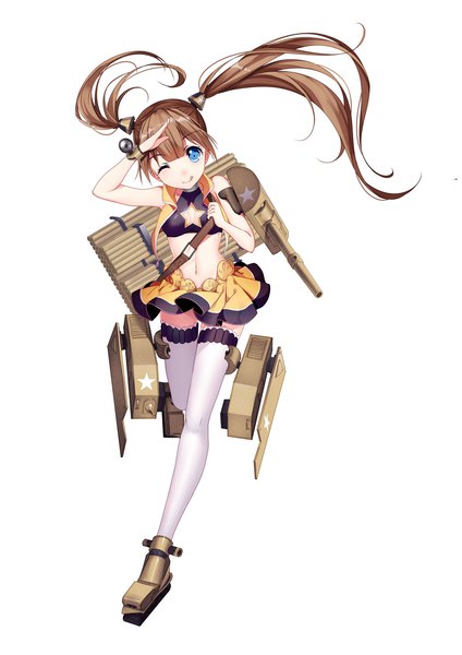 Anime-Bild 1200x1697 mit panzer waltz t34 calliope (panzer waltz) bison cangshu single long hair tall image looking at viewer blue eyes light erotic simple background standing white background twintails full body one eye closed official art standing on one leg :p salute mecha musume