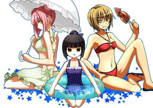 Anime picture 850x603 with nurarihyon no mago reira (nurarihyon) awashima (nurarihyon no mago) yukari (nurarihyon no mago) aosa (michikusakan) looking at viewer blush fringe short hair breasts light erotic black hair blonde hair simple background large breasts white background sitting bare shoulders multiple girls yellow eyes