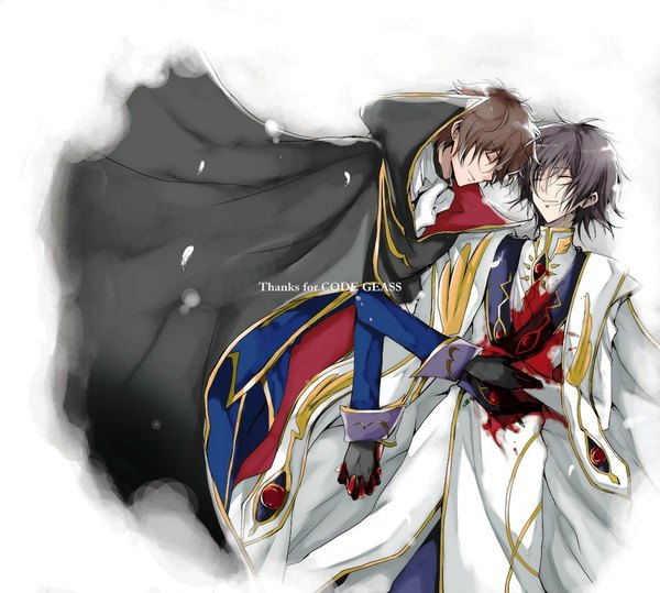 Anime picture 1034x930 with code geass sunrise (studio) lelouch lamperouge kururugi suzaku short hair black hair smile brown hair lying multiple boys on back holding hands snowing winter snow bloody clothes death boy blood 2 boys
