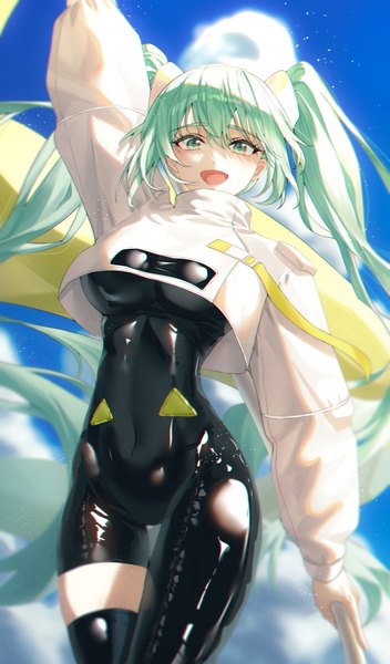 Anime picture 3089x5262 with vocaloid goodsmile racing hatsune miku racing miku racing miku (2022) jisu lee single tall image looking at viewer fringe highres breasts open mouth light erotic smile hair between eyes large breasts standing twintails payot