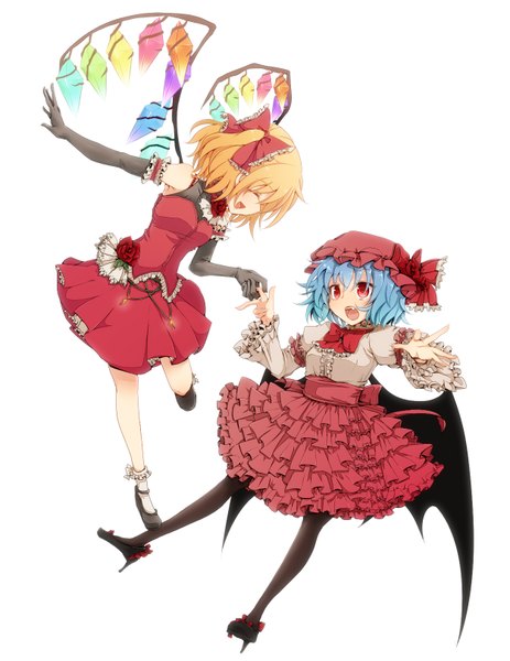 Anime picture 1252x1621 with touhou flandre scarlet remilia scarlet aoi (annbi) tall image short hair open mouth simple background blonde hair red eyes white background multiple girls blue hair eyes closed girl dress skirt gloves bow 2 girls