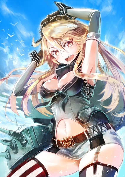 Anime picture 706x1000 with kantai collection iowa (kantai collection) kito (kito2) single tall image looking at viewer blush fringe breasts open mouth light erotic blonde hair smile hair between eyes standing brown eyes signed cleavage cloud (clouds) ahoge