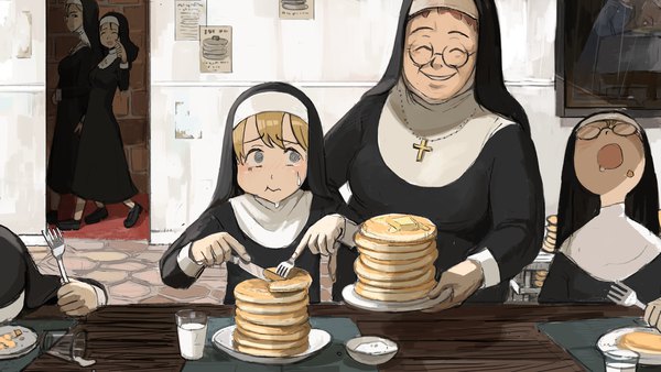Anime picture 2048x1152 with little nuns (diva) protagonist nun (diva) scowly nun (diva) glasses nun (diva) strands nun (diva) pancake nun (diva) diva (hyxpk) looking at viewer fringe highres breasts open mouth blonde hair smile wide image multiple girls holding indoors eyes closed eating