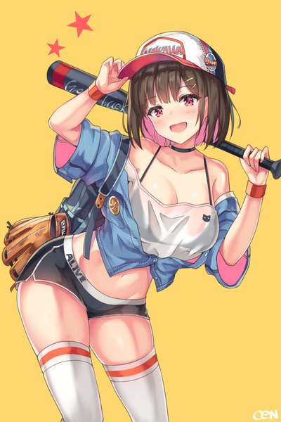 Anime picture 733x1100 with original cenangam single tall image looking at viewer blush fringe short hair breasts open mouth light erotic simple background smile red eyes brown hair large breasts bare shoulders holding signed cleavage