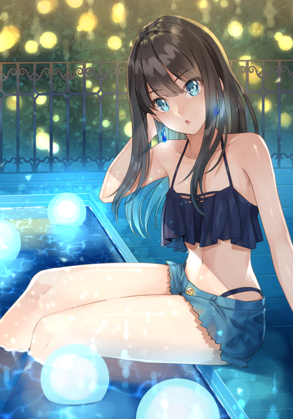 Anime picture 699x1000 with idolmaster idolmaster cinderella girls shibuya rin matsusatoru kouji single long hair tall image fringe open mouth blue eyes black hair hair between eyes sitting bare shoulders payot outdoors head tilt blurry night bare belly