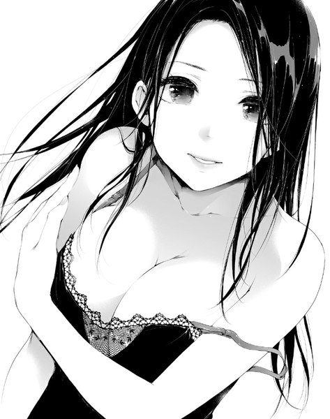 Anime picture 750x950 with original koshika rina single long hair tall image looking at viewer breasts light erotic black hair smile large breasts bare shoulders parted lips black eyes monochrome girl