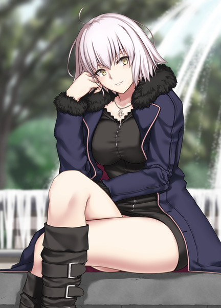 Anime picture 1059x1472 with fate (series) fate/grand order jeanne d'arc (fate) (all) jeanne d'arc alter (fate) enchuu single tall image looking at viewer fringe short hair breasts smile hair between eyes large breasts sitting yellow eyes silver hair ahoge outdoors long sleeves