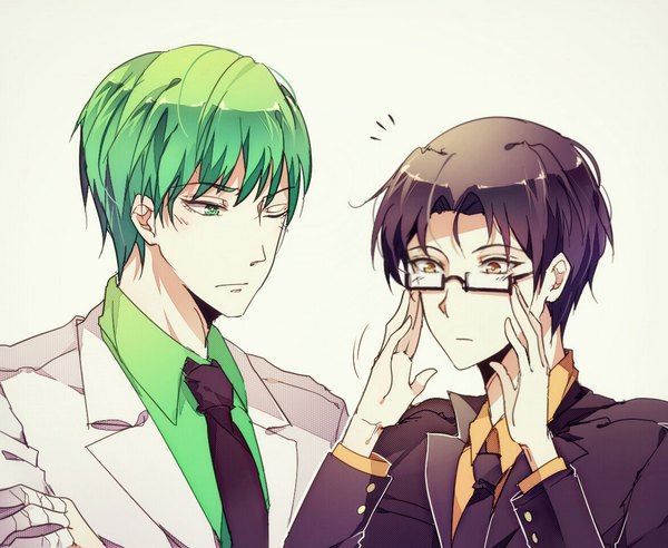 Anime picture 1170x960 with kuroko no basket production i.g midorima shintarou takao kazunari kurasaki ken short hair black hair simple background green eyes yellow eyes upper body one eye closed green hair multiple boys adjusting glasses bespectacled no glasses boy glasses necktie