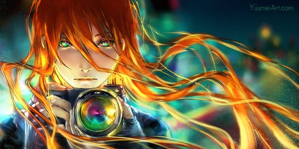 Anime picture 1500x750 with fisheye placebo robin soloviev yuumei single long hair looking at viewer fringe hair between eyes wide image holding green eyes wind lips expressionless multicolored eyes girl gloves black gloves fingerless gloves camera