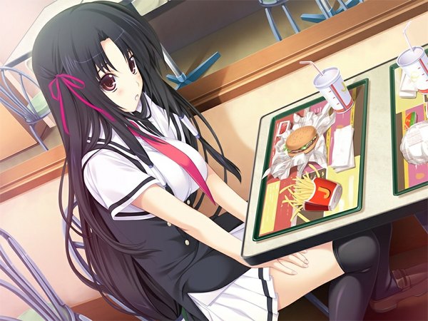 イラスト 1024x768 と shiden enkan no kizuna (game) 長髪 黒髪 茶目 game cg 女の子 ストッキング 黒ストッキング セーラー服 食べ物