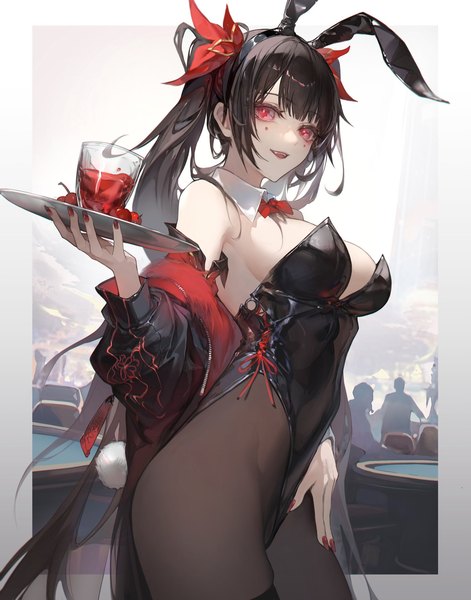 Anime picture 1606x2048 with honkai: star rail honkai (series) sparkle (honkai: star rail) kkamiiz single long hair tall image looking at viewer fringe breasts open mouth light erotic black hair smile red eyes large breasts standing twintails holding animal ears