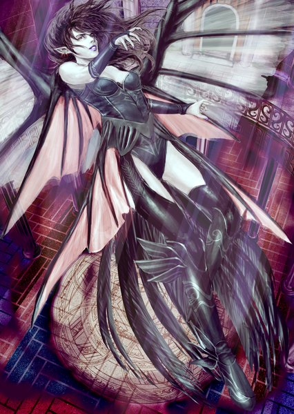 Anime picture 1064x1500 with original baryan single long hair tall image light erotic black hair red eyes pointy ears lipstick flying girl gloves earrings wings elbow gloves boots