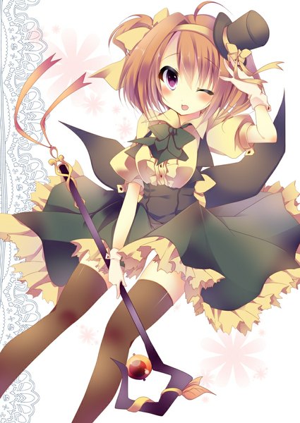 Anime picture 752x1062 with original umino mizu single tall image looking at viewer blush short hair brown hair purple eyes ahoge one eye closed wink one side up girl thighhighs dress gloves hat frills hairband