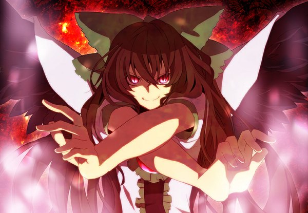 Anime picture 1000x692 with touhou reiuji utsuho hirasaka ine single long hair looking at viewer smile red eyes brown hair crossed arms girl dress bow hair bow wings