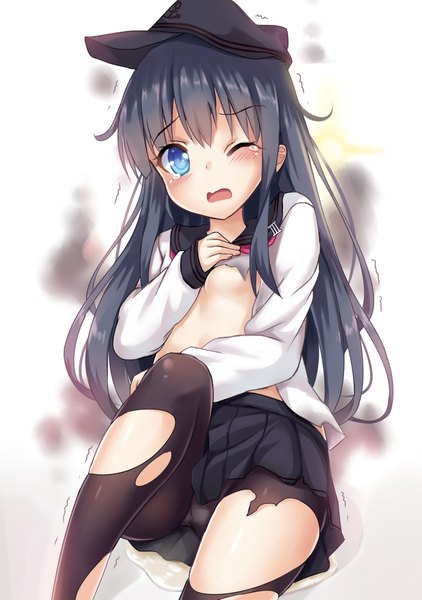Anime picture 1511x2149 with kantai collection akatsuki destroyer shimokirin single long hair tall image open mouth blue eyes light erotic black hair one eye closed torn clothes torn pantyhose wince girl thighhighs skirt uniform school uniform hat