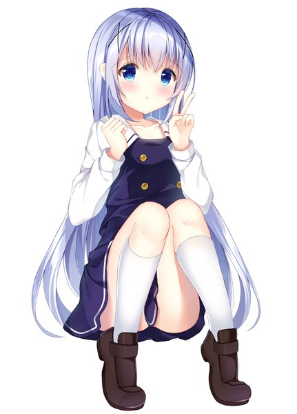 Anime picture 2646x3679 with gochuumon wa usagi desu ka? white fox kafuu chino pizzzica single long hair tall image looking at viewer blush fringe highres blue eyes light erotic simple background hair between eyes white background sitting silver hair full body victory