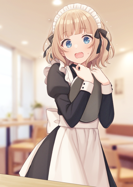 Anime picture 800x1129 with virtual youtuber indie virtual youtuber shiratori kurumi shiromikan single tall image looking at viewer blush fringe short hair open mouth blue eyes blonde hair standing holding indoors blunt bangs long sleeves blurry maid