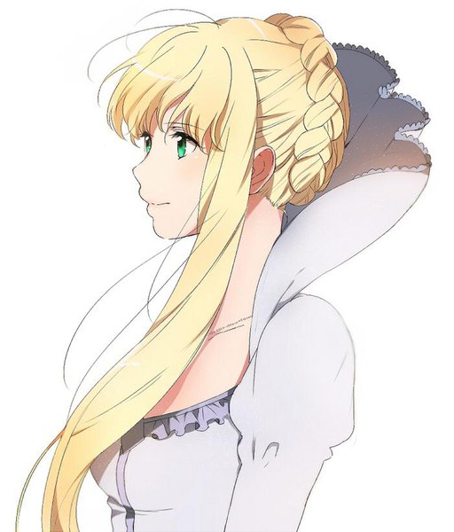Anime picture 700x820 with aldnoah.zero a-1 pictures asseylum vers allusia amy26 single long hair tall image blush fringe highres simple background blonde hair smile white background green eyes looking away upper body braid (braids) puffy sleeves single braid