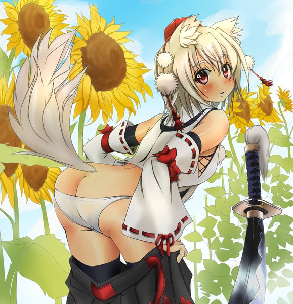 Anime picture 1400x1450 with touhou inubashiri momiji akino (akinosakuya25254) single tall image blush short hair light erotic red eyes animal ears sky cloud (clouds) ass white hair looking back leaning leaning forward undressing wolf ears wolf tail