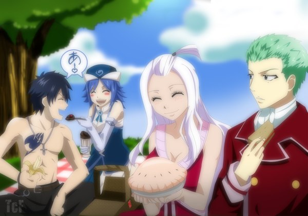 Anime picture 3508x2472 with fairy tail gray fullbuster juvia lockser mirajane strauss freed justine long hair blush highres short hair open mouth black hair smile green eyes blue hair absurdres sky cloud (clouds) white hair eyes closed green hair