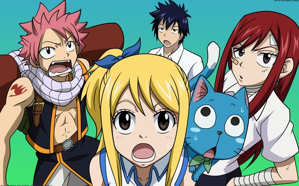 Anime picture 1920x1200 with fairy tail lucy heartfilia erza scarlet natsu dragneel gray fullbuster happy (fairy tail) paksiwirongbuang long hair highres short hair open mouth black hair simple background blonde hair wide image brown eyes pink hair red hair black eyes tattoo