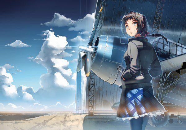 Anime picture 1200x841 with original siqi (miharuu) single short hair blue eyes black hair looking away sky cloud (clouds) girl skirt jacket aircraft airplane hangar