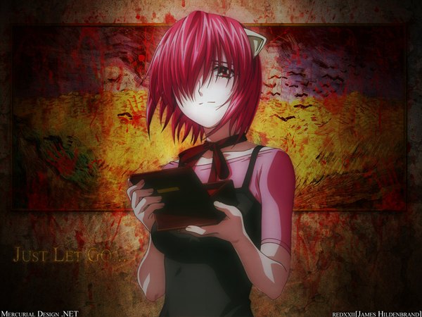 Anime picture 1024x768 with elfen lied arms corporation lucy james hildenbrand (redxxii) lynn okamoto (artist) single looking at viewer fringe short hair red eyes signed animal ears pink hair upper body red hair light smile hair over one eye inscription wallpaper third-party edit