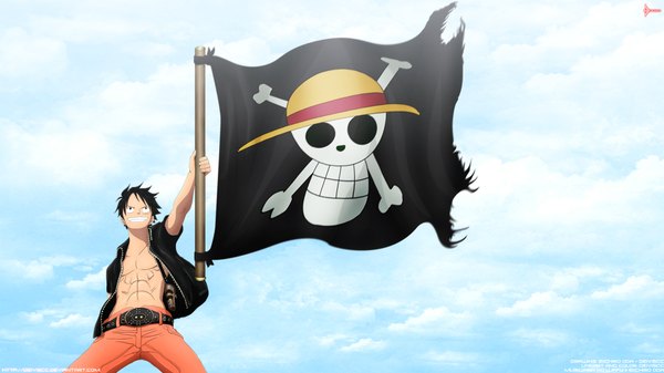 Anime picture 1920x1080 with one piece toei animation monkey d. luffy deiviscc single highres short hair black hair smile wide image sky cloud (clouds) black eyes coloring muscle skull and crossbones boy hat belt pants