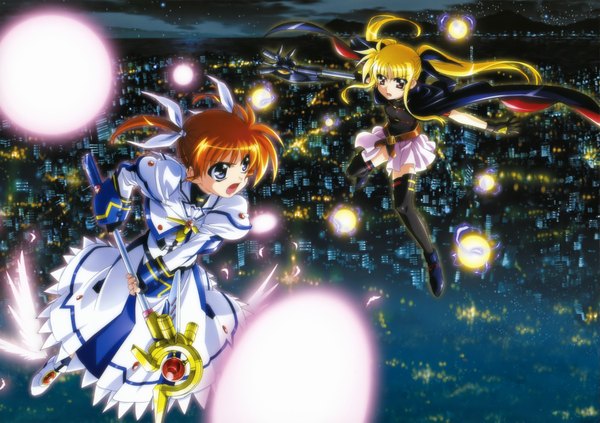 Anime picture 4094x2893 with mahou shoujo lyrical nanoha fate testarossa takamachi nanoha long hair highres short hair open mouth blue eyes blonde hair red eyes twintails multiple girls absurdres orange hair city cityscape city lights battle girl thighhighs