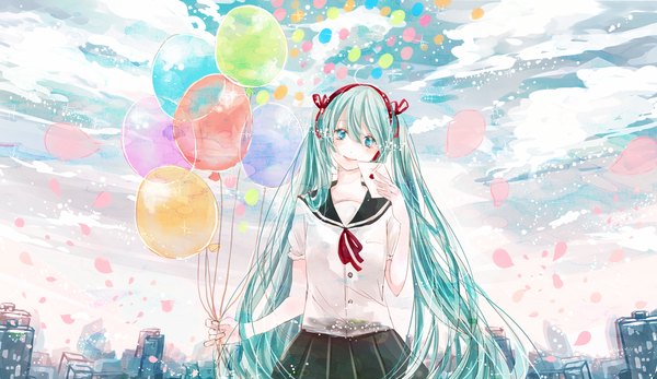 Anime picture 1500x869 with vocaloid hatsune miku lululu luuuuuun single long hair looking at viewer blush smile wide image twintails holding sky cloud (clouds) aqua eyes lips aqua hair girl skirt uniform school uniform