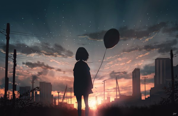 Anime picture 1353x882 with original skyrick9413 single short hair standing holding signed sky cloud (clouds) outdoors from behind sunlight city cityscape scenic morning sunrise girl dress plant (plants)