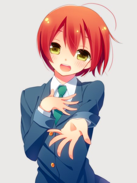 Anime picture 1030x1373 with love live! school idol project sunrise (studio) love live! hoshizora rin yu (y-z) single tall image looking at viewer blush short hair open mouth simple background green eyes orange hair necktie