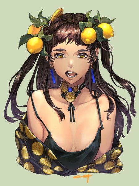 Anime picture 1158x1543 with original aureolin31 single long hair tall image looking at viewer fringe breasts open mouth light erotic simple background brown hair bare shoulders signed yellow eyes upper body off shoulder teeth two side up floating hair