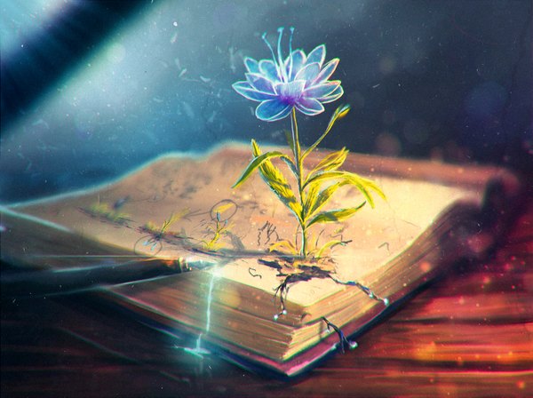 Anime picture 3118x2333 with original sylar113 highres absurdres glowing fantasy glow flower (flowers) plant (plants) book (books) pen