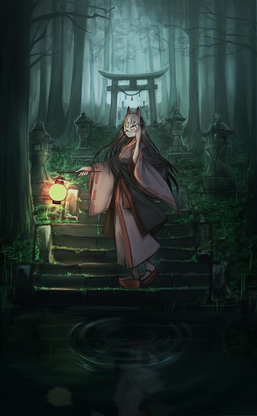 Anime picture 791x1280 with original sanshouuo single long hair tall image black hair holding animal ears traditional clothes japanese clothes light smile wide sleeves fox ears reflection nature ripples twilight overgrown girl plant (plants)