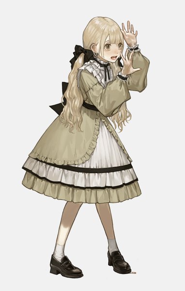 Anime picture 702x1100 with original sakauchi waka single long hair tall image fringe simple background blonde hair standing white background twintails brown eyes payot looking away full body arms up low twintails frilled dress lolita fashion girl