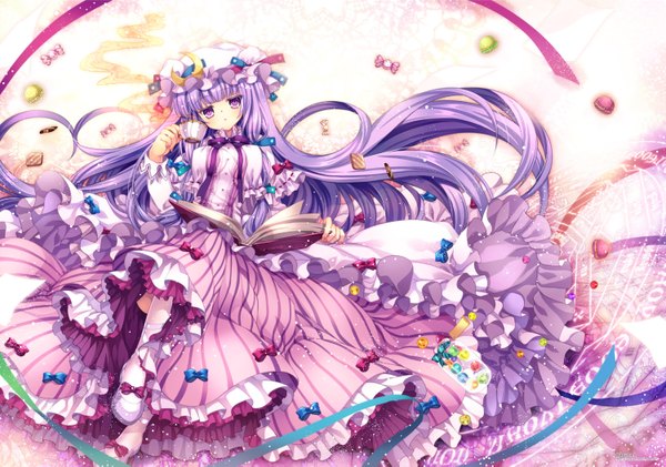 Anime picture 1500x1053 with touhou patchouli knowledge capura lin single long hair purple eyes purple hair lying girl dress bow ribbon (ribbons) food sweets book (books) bonnet cup candy