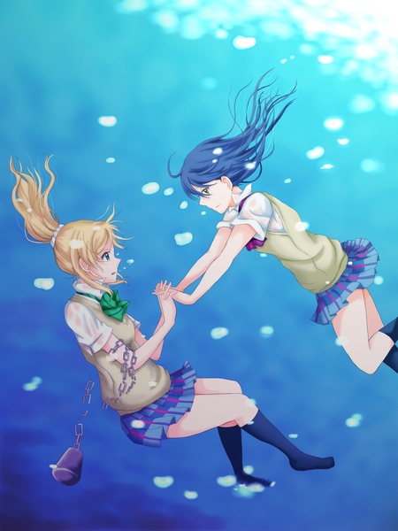 Anime picture 1000x1333 with love live! school idol project sunrise (studio) love live! ayase eli sonoda umi lilylion26 long hair tall image blush open mouth blue eyes multiple girls yellow eyes ponytail sunlight no shoes holding hands underwater eye contact weightlessness