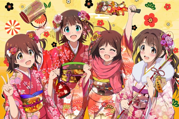 Anime picture 1650x1100 with idolmaster idolmaster cinderella girls idolmaster million live! idolmaster dearly stars amami haruka shimamura uzuki hidaka ai kasuga mirai hina (araburu-hinadori) long hair blush short hair open mouth smile brown hair multiple girls brown eyes ahoge traditional clothes :d