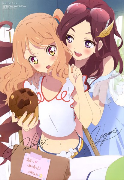 Anime picture 4094x5941 with aikatsu! aikatsu stars! kasumi yozora kasumi mahiru watanabe satomi long hair tall image blush highres open mouth brown hair purple eyes multiple girls signed absurdres scan official art multicolored eyes girl dress