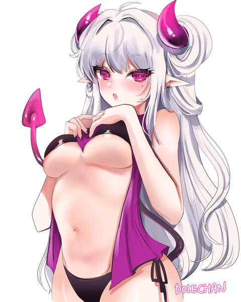 Anime-Bild 2000x2500 mit original dolechan single long hair tall image looking at viewer blush fringe highres breasts open mouth light erotic simple background large breasts standing white background signed silver hair upper body ahoge
