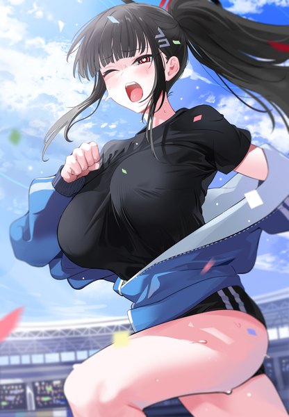 Anime picture 3580x5160 with blue archive rio (blue archive) yuki (asayuki101) single long hair tall image blush fringe highres breasts open mouth light erotic black hair red eyes large breasts payot looking away absurdres sky cloud (clouds)