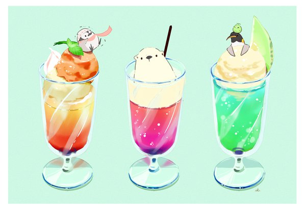 Anime picture 2000x1375 with original chai (artist) highres simple background signed border no people animal food sweets scarf bird (birds) fruit ice cream drink glass pocky penguin polar bear