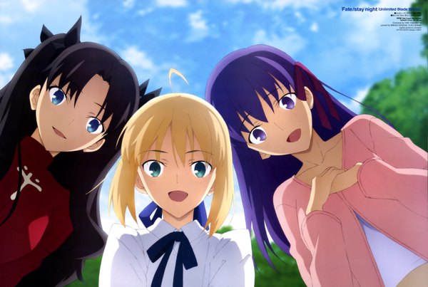 Anime picture 6083x4091 with fate (series) fate/stay night type-moon artoria pendragon (all) saber toosaka rin matou sakura yamamoto chie long hair highres open mouth blue eyes black hair blonde hair purple eyes multiple girls absurdres sky purple hair cloud (clouds)