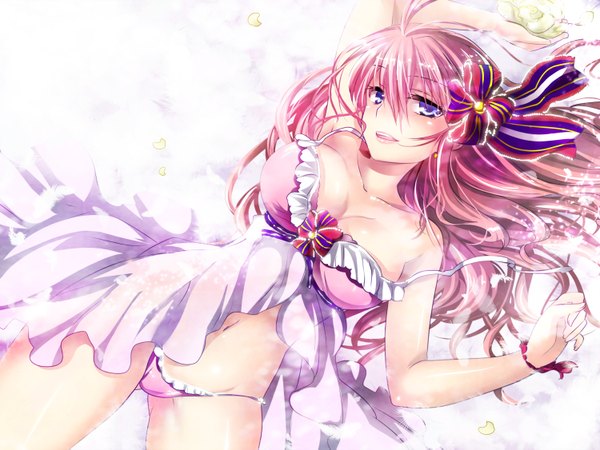 Anime picture 1500x1125 with vocaloid megurine luka mikami mika single long hair breasts light erotic purple eyes pink hair cleavage girl underwear panties flower (flowers) bow hair bow
