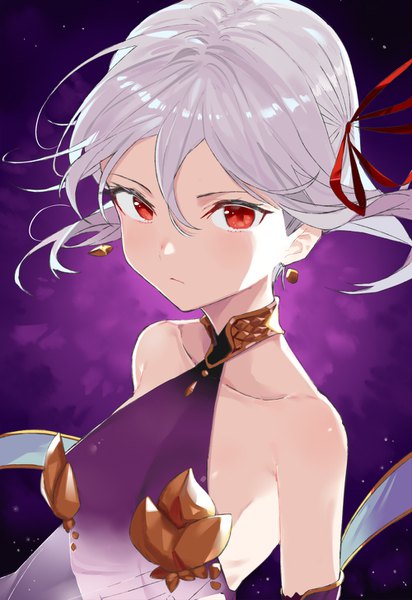 Anime picture 1000x1456 with fate (series) fate/grand order kama (fate) pinch (nesume) single tall image looking at viewer blush fringe short hair breasts light erotic simple background hair between eyes red eyes bare shoulders silver hair upper body floating hair purple background