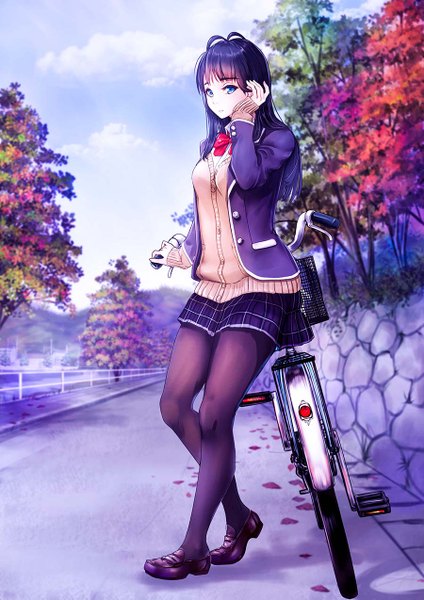 Anime picture 900x1273 with original konekoneko (indonesia) single long hair tall image looking at viewer fringe blue eyes standing payot blue hair sky cloud (clouds) full body ahoge bent knee (knees) outdoors arm support adjusting hair plaid skirt